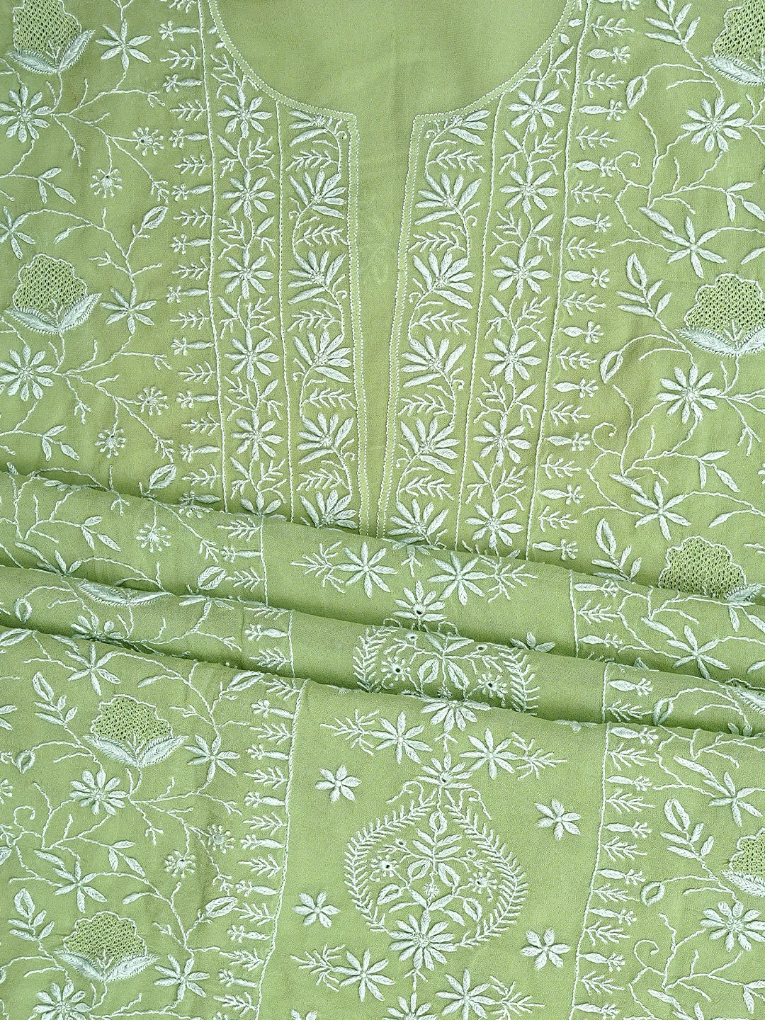 Ada Hand Embroidered Willow Green Pure Georgette Lucknowi Chikankari Unstitched Kurta Dupatta Set 01A664752