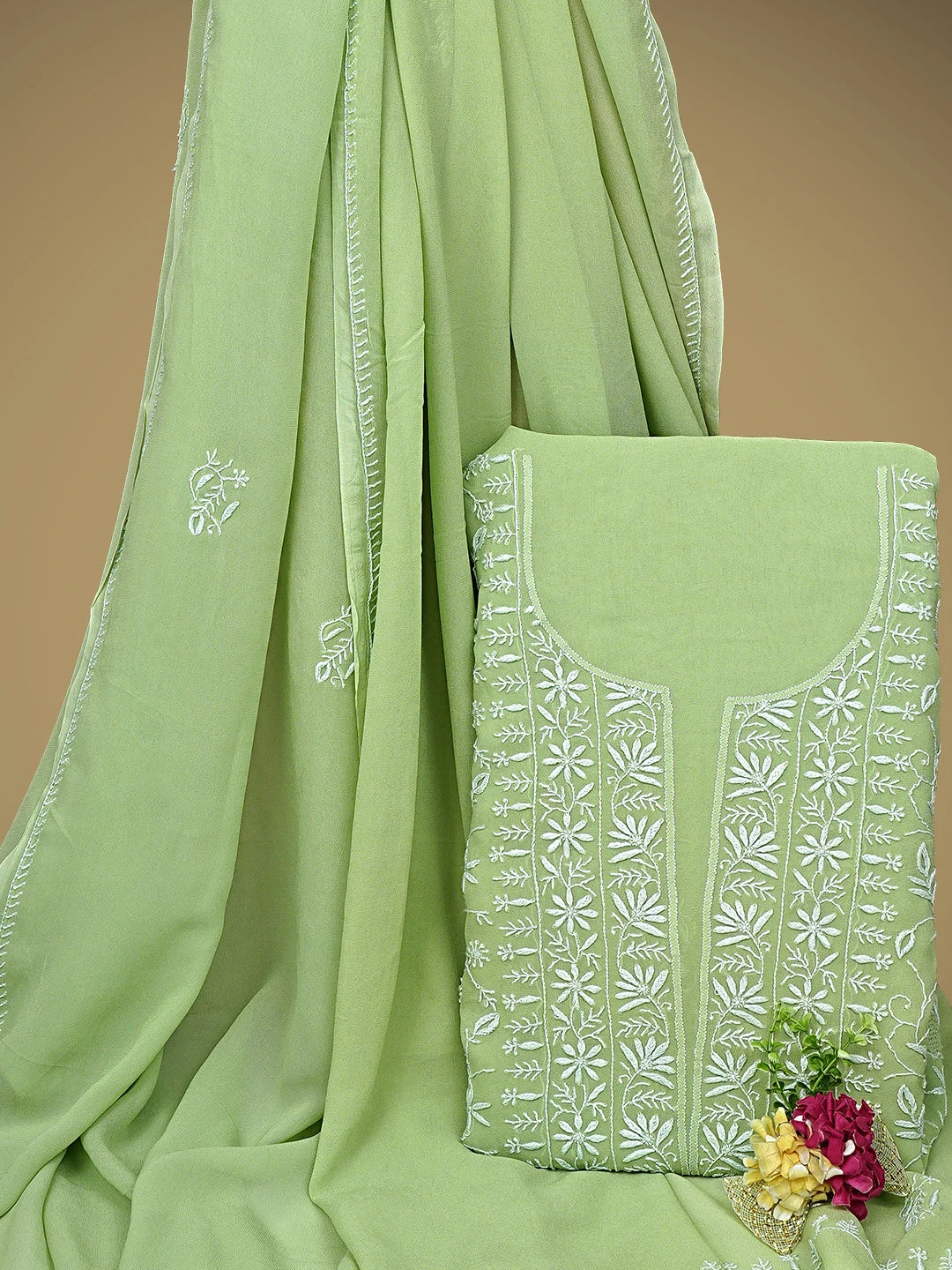Ada Hand Embroidered Willow Green Pure Georgette Lucknowi Chikankari Unstitched Kurta Dupatta Set 01A664752