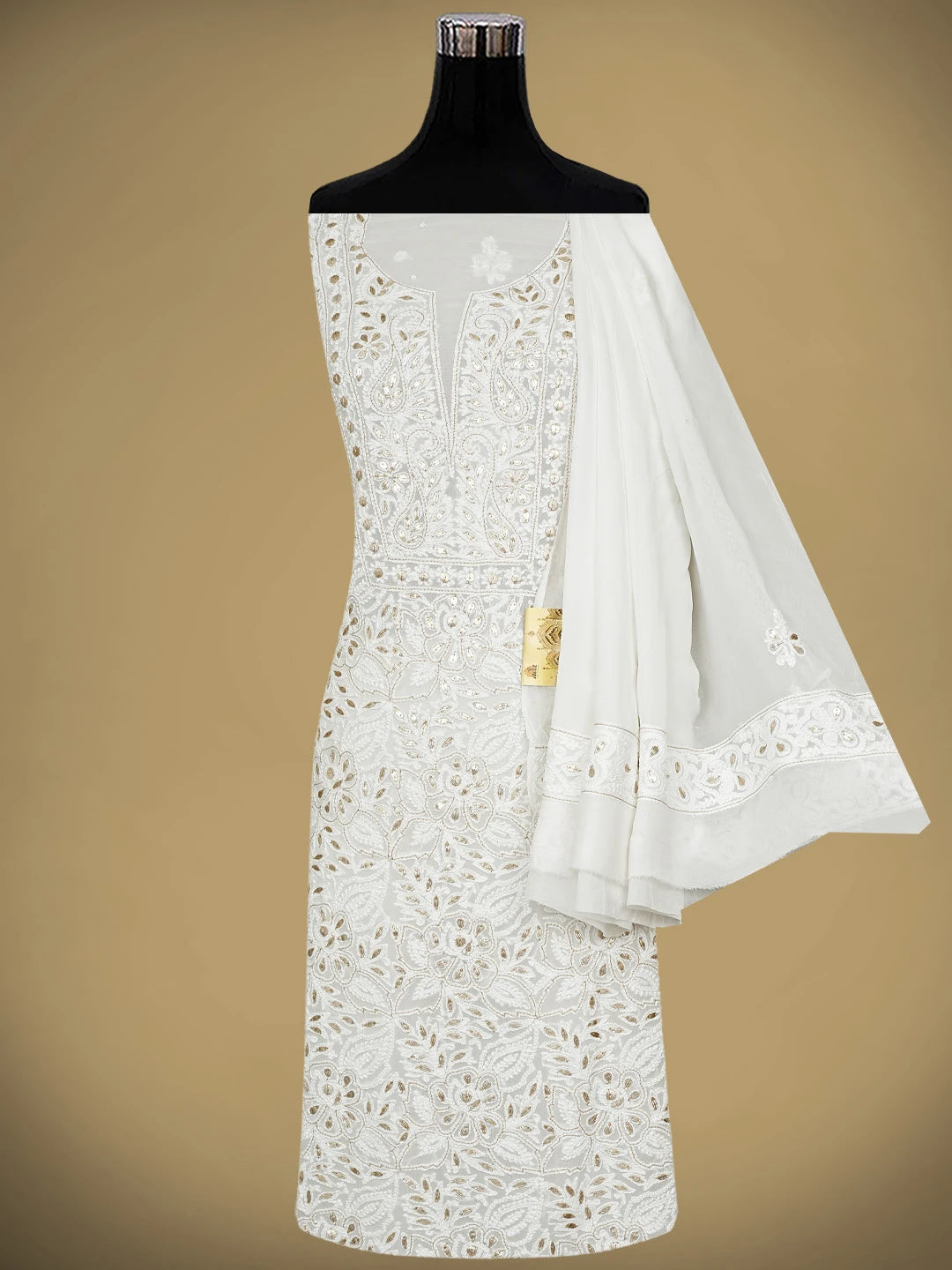 Ada Hand Embroidered White Viscose Georgette Lucknowi Chikankari Unstitched Kurta Dupatta Set With Gota Patti Work 01A907358