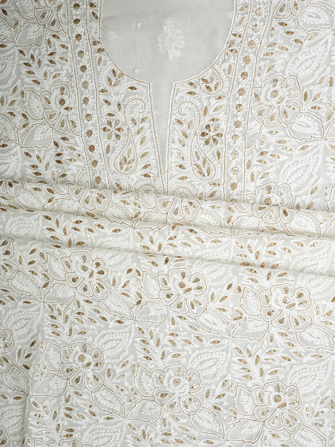 Ada Hand Embroidered White Viscose Georgette Lucknowi Chikankari Unstitched Kurta Dupatta Set With Gota Patti Work 01A907358