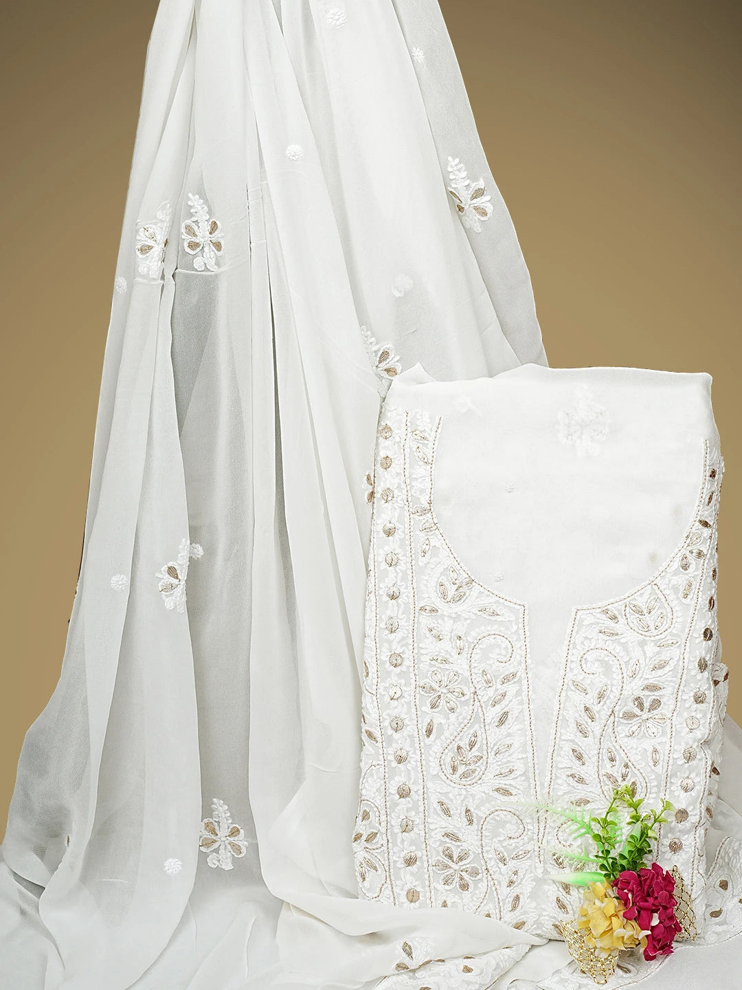 Ada Hand Embroidered White Viscose Georgette Lucknowi Chikankari Unstitched Kurta Dupatta Set With Gota Patti Work 01A907358