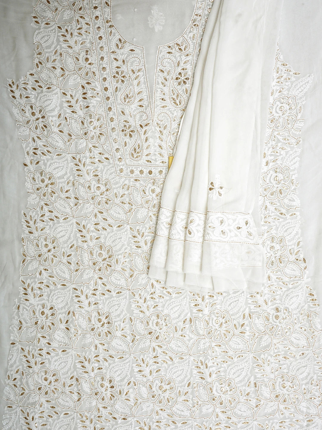 Ada Hand Embroidered White Viscose Georgette Lucknowi Chikankari Unstitched Kurta Dupatta Set With Gota Patti Work 01A907358