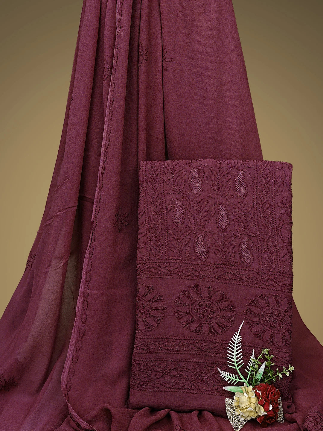 Ada Hand Embroidered Vintage Berry Pink Viscose Georgette Lucknowi Chikankari Unstitched Kurta Dupatta Set 01A813625