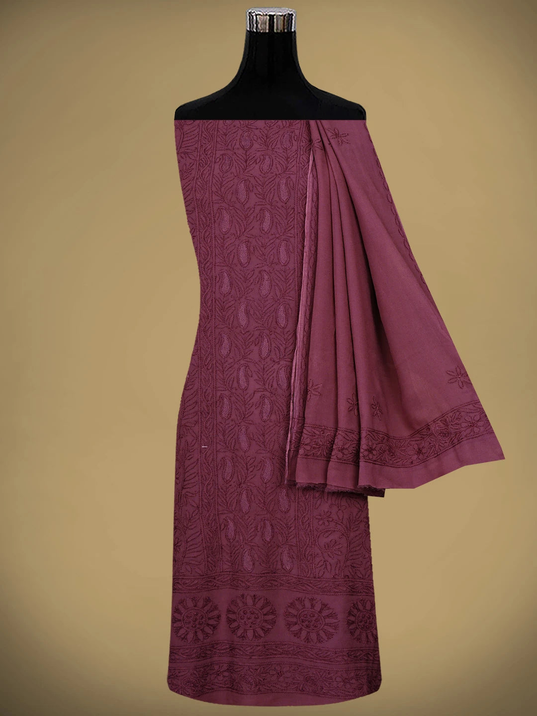 Ada Hand Embroidered Vintage Berry Pink Viscose Georgette Lucknowi Chikankari Unstitched Kurta Dupatta Set 01A813625