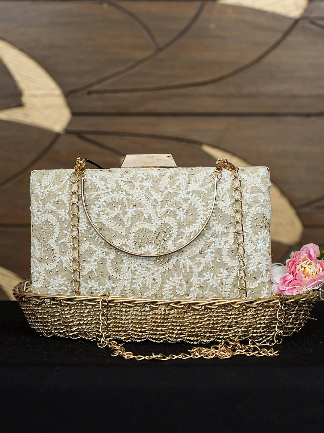 Ada Hand Embroidered Fawn Silk Lucknowi Chikankari Clutch With Mukaish Work 01A759034