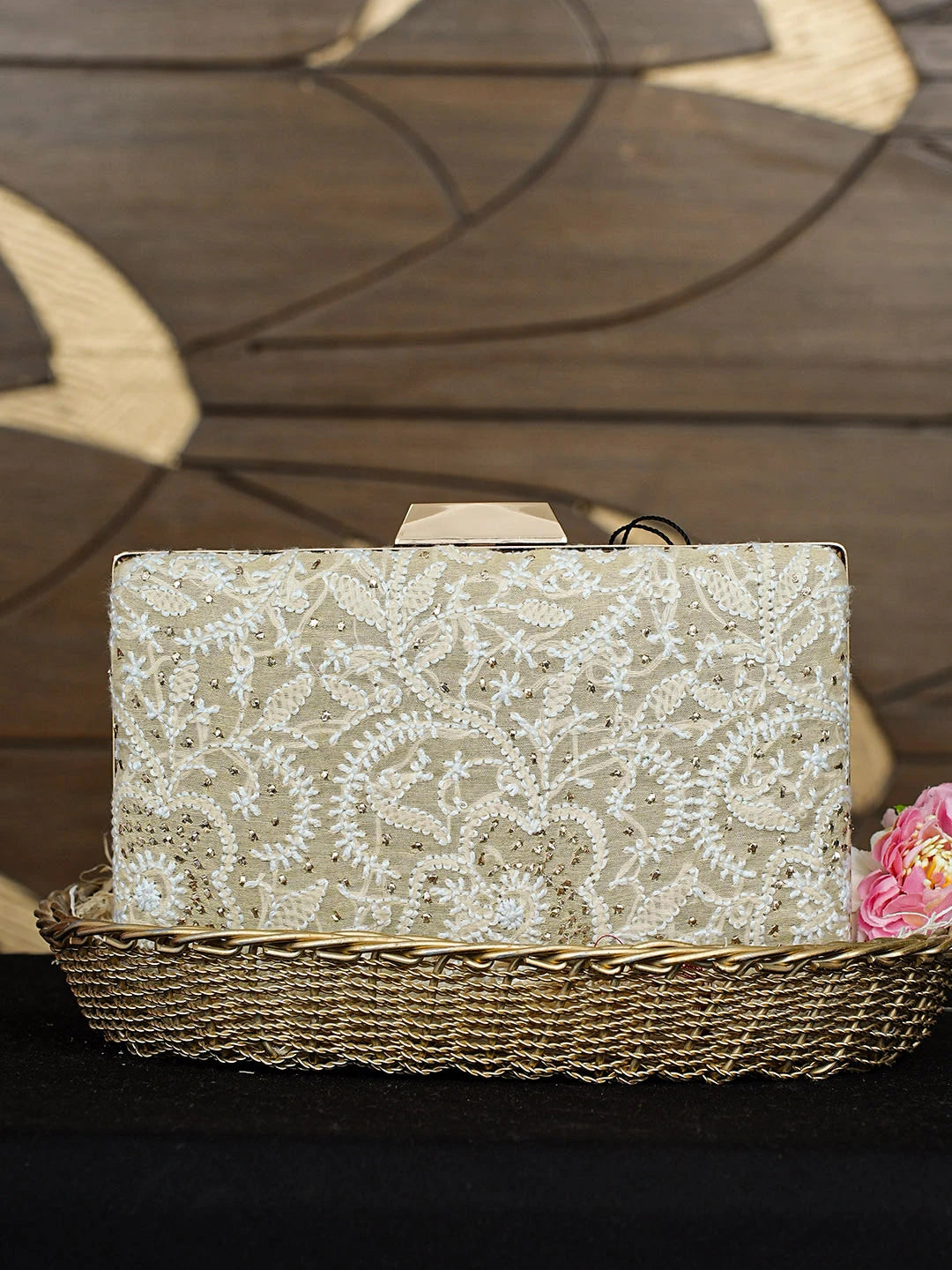 Ada Hand Embroidered Fawn Silk Lucknowi Chikankari Clutch With Mukaish Work 01A759034