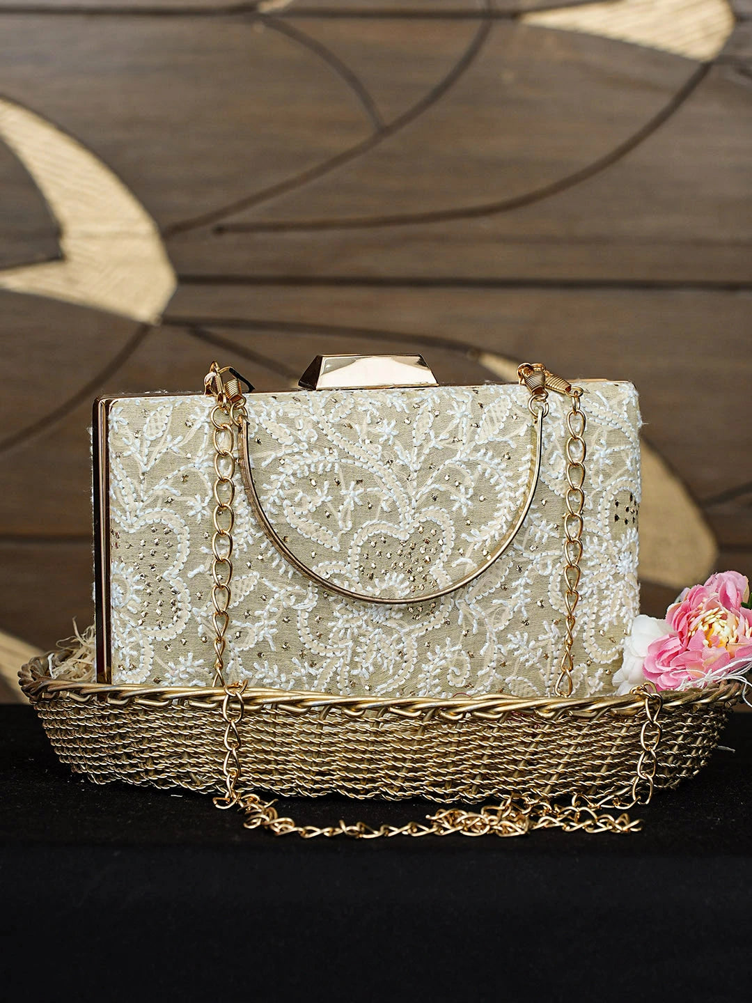 Ada Hand Embroidered Fawn Silk Lucknowi Chikankari Clutch With Mukaish Work 01A759034