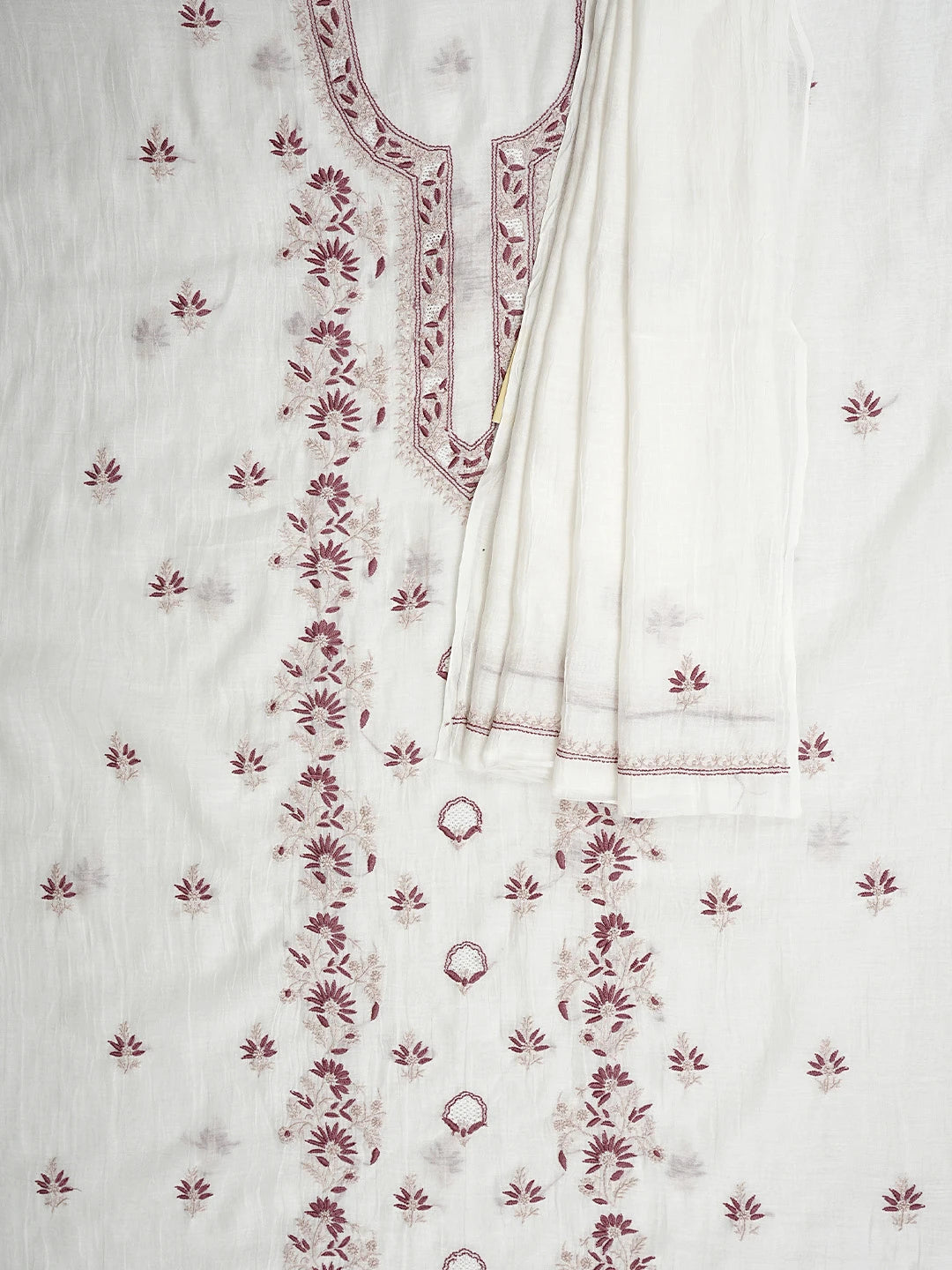 Ada Hand Embroidered White Old Lace Chanderi Lucknowi Chikankari Unstitched Kurta Dupatta Set 01A943712