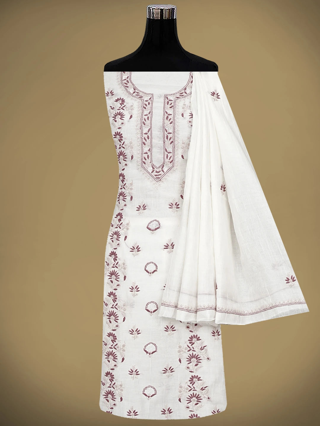 Ada Hand Embroidered White Old Lace Chanderi Lucknowi Chikankari Unstitched Kurta Dupatta Set 01A943712
