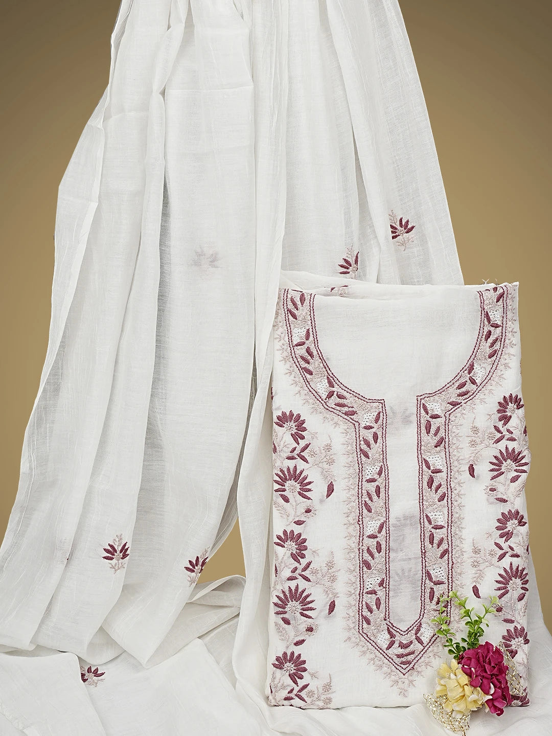 Ada Hand Embroidered White Old Lace Chanderi Lucknowi Chikankari Unstitched Kurta Dupatta Set 01A943712