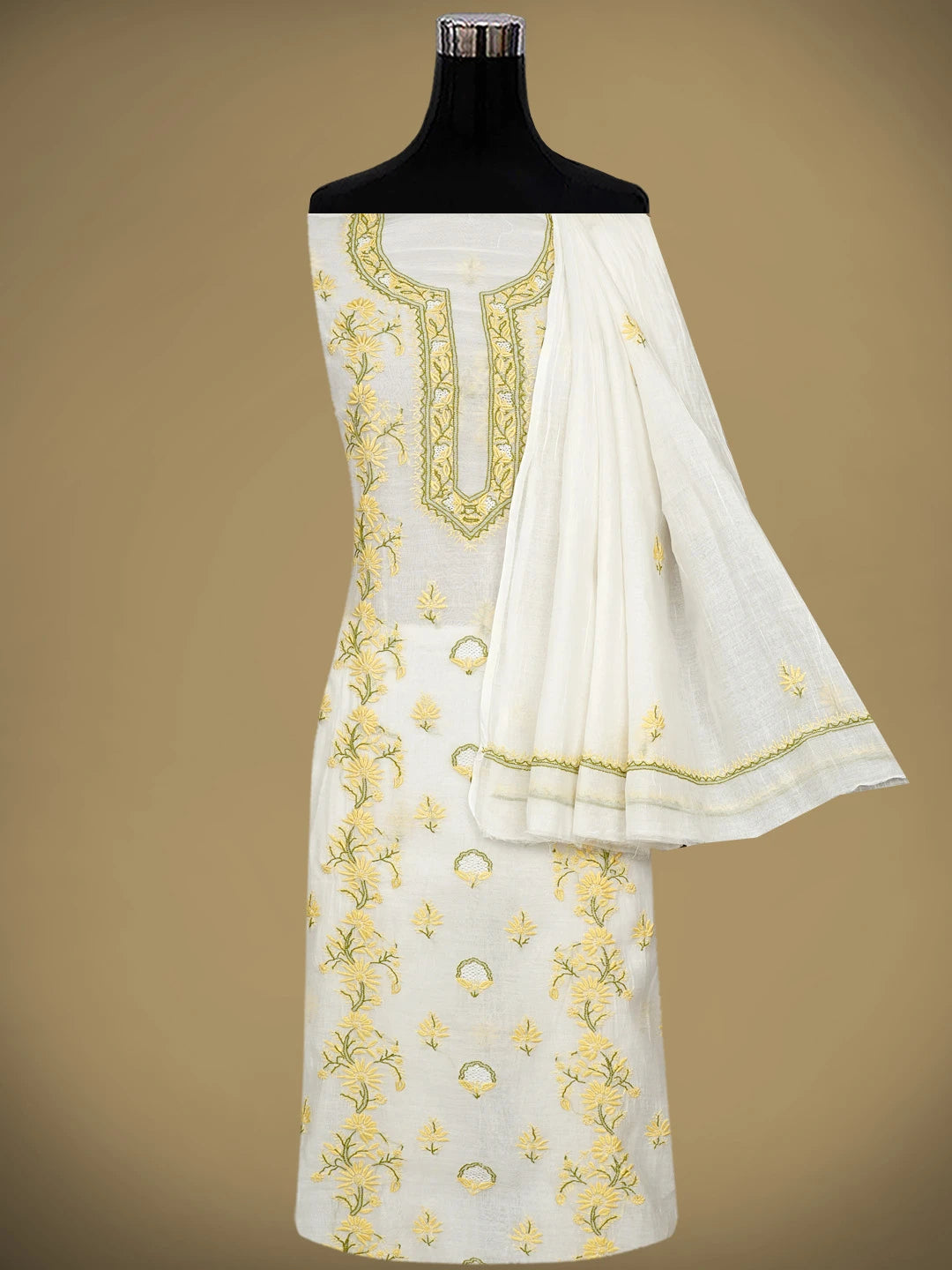 Ada Hand Embroidered Beige Chanderi Lucknowi Chikankari Unstitched Kurta Dupatta Set 01A943717
