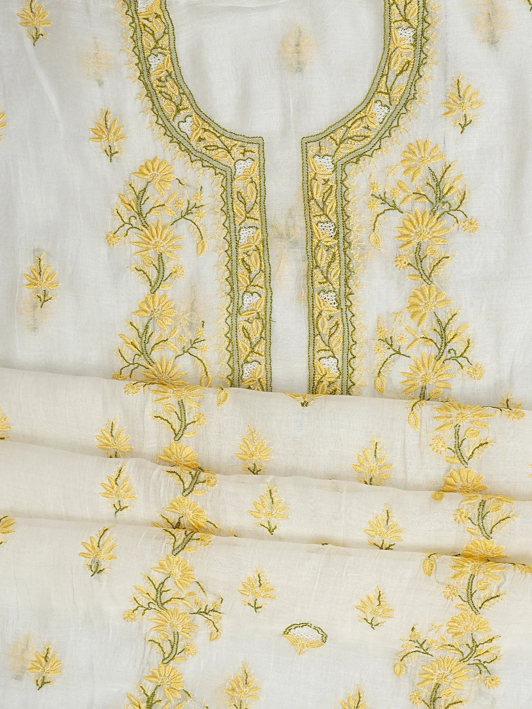 Ada Hand Embroidered Beige Chanderi Lucknowi Chikankari Unstitched Kurta Dupatta Set 01A943717