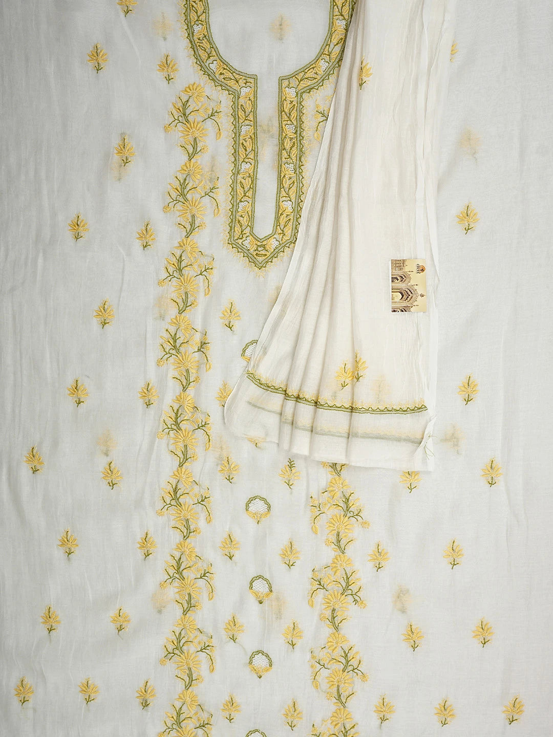 Ada Hand Embroidered Beige Chanderi Lucknowi Chikankari Unstitched Kurta Dupatta Set 01A943717