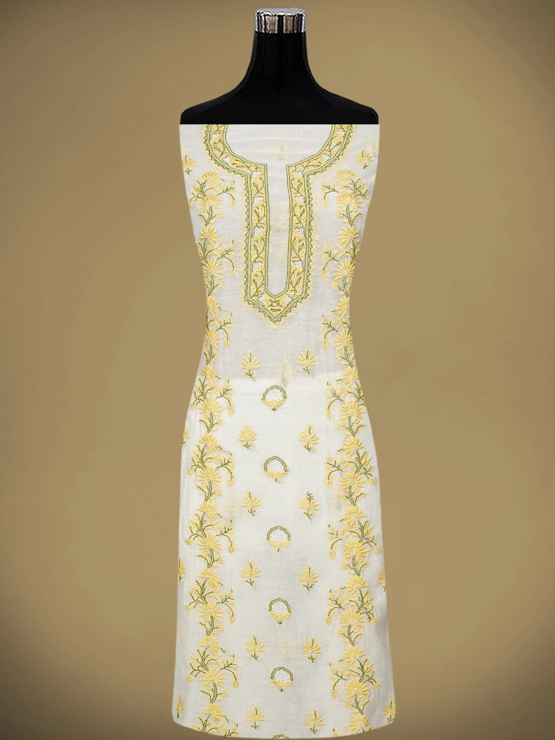 Ada Hand Embroidered Beige Chanderi Lucknowi Chikankari Unstitched Kurta Dupatta Set 01A943717