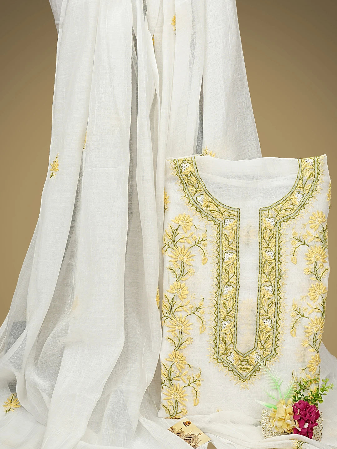 Ada Hand Embroidered Beige Chanderi Lucknowi Chikankari Unstitched Kurta Dupatta Set 01A943717