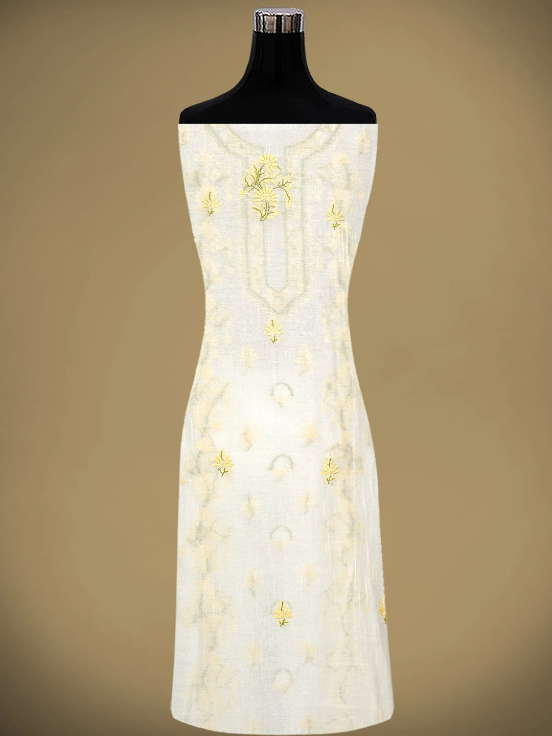 Ada Hand Embroidered Beige Chanderi Lucknowi Chikankari Unstitched Kurta Dupatta Set 01A943717