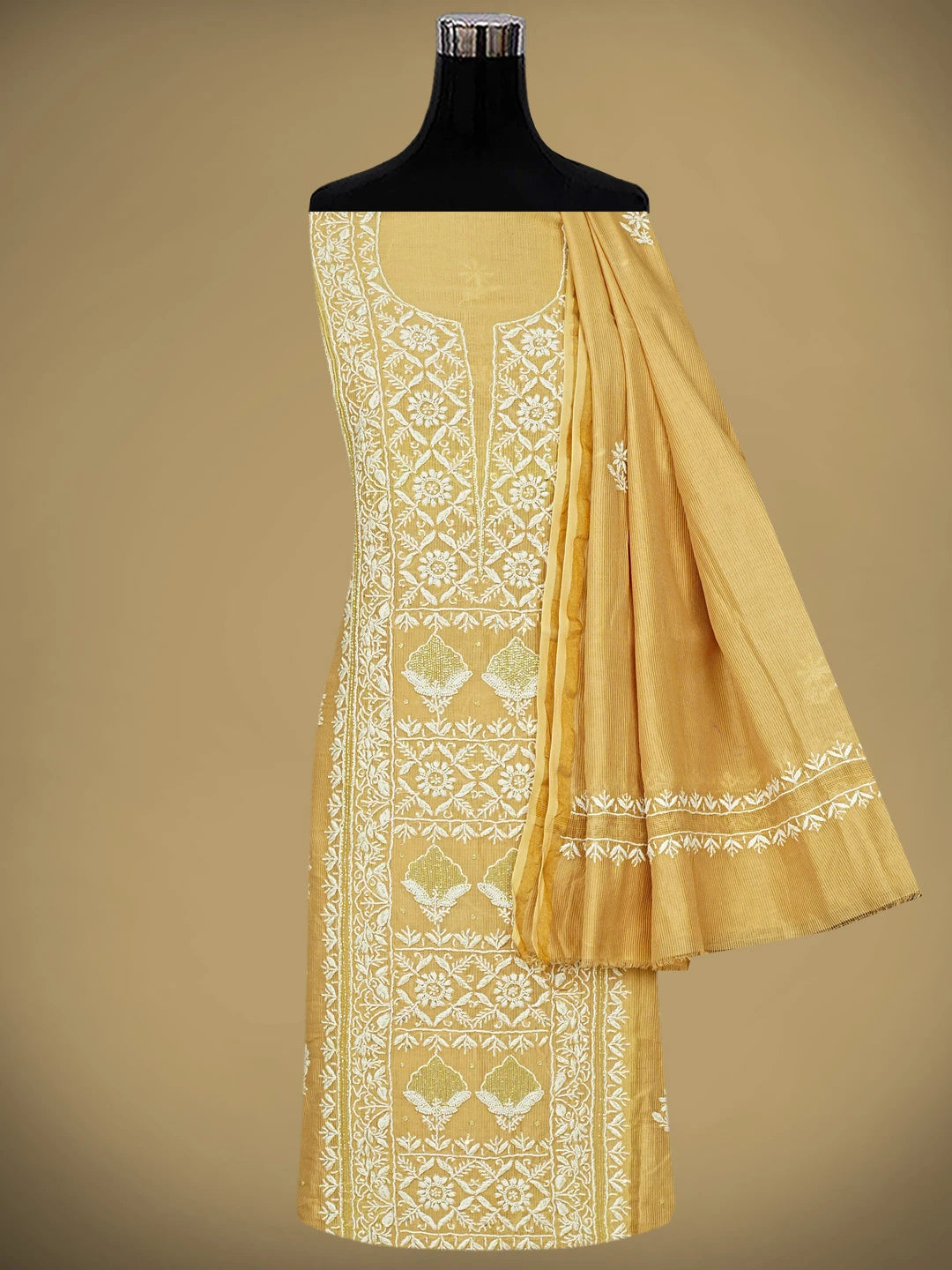 Ada Hand Embroidered Fawn Chanderi Lucknowi Chikankari Unstitched Kurta Dupatta Set With Cutdana Work 01A897606