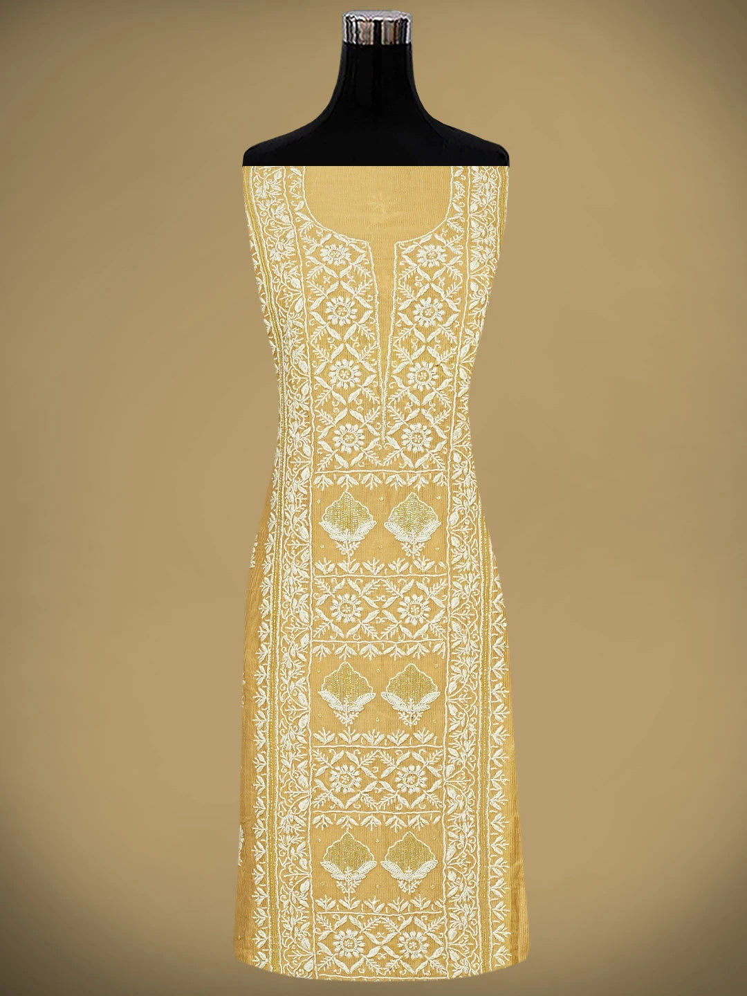Ada Hand Embroidered Fawn Chanderi Lucknowi Chikankari Unstitched Kurta Dupatta Set With Cutdana Work 01A897606