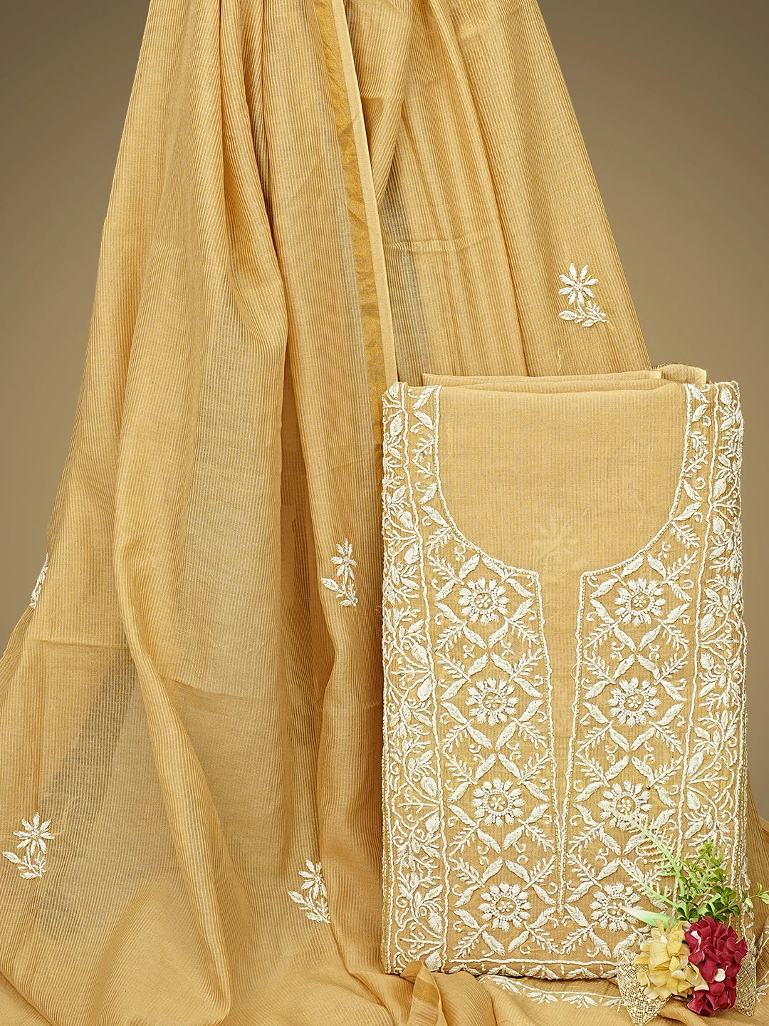 Ada Hand Embroidered Fawn Chanderi Lucknowi Chikankari Unstitched Kurta Dupatta Set With Cutdana Work 01A897606