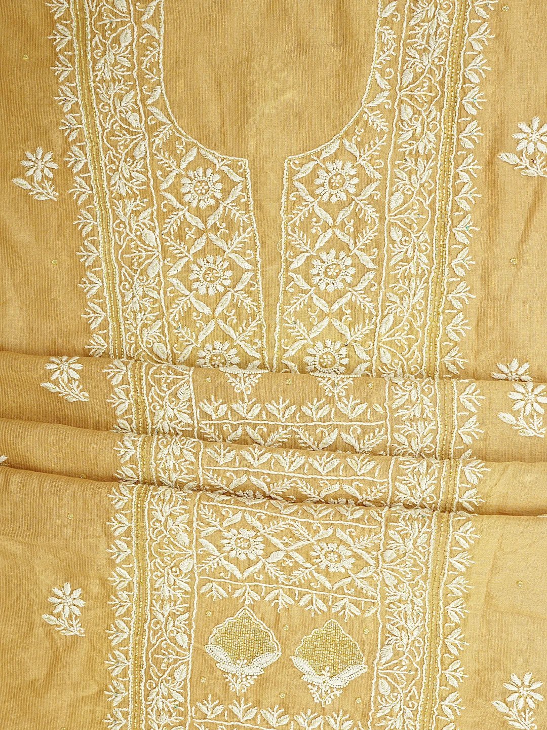 Ada Hand Embroidered Fawn Chanderi Lucknowi Chikankari Unstitched Kurta Dupatta Set With Cutdana Work 01A897606