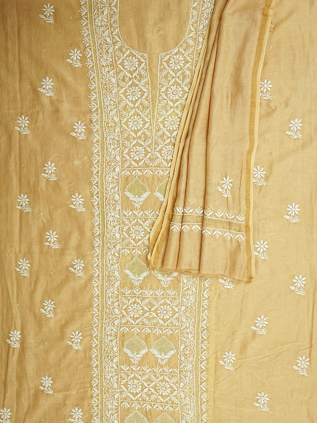 Ada Hand Embroidered Fawn Chanderi Lucknowi Chikankari Unstitched Kurta Dupatta Set With Cutdana Work 01A897606