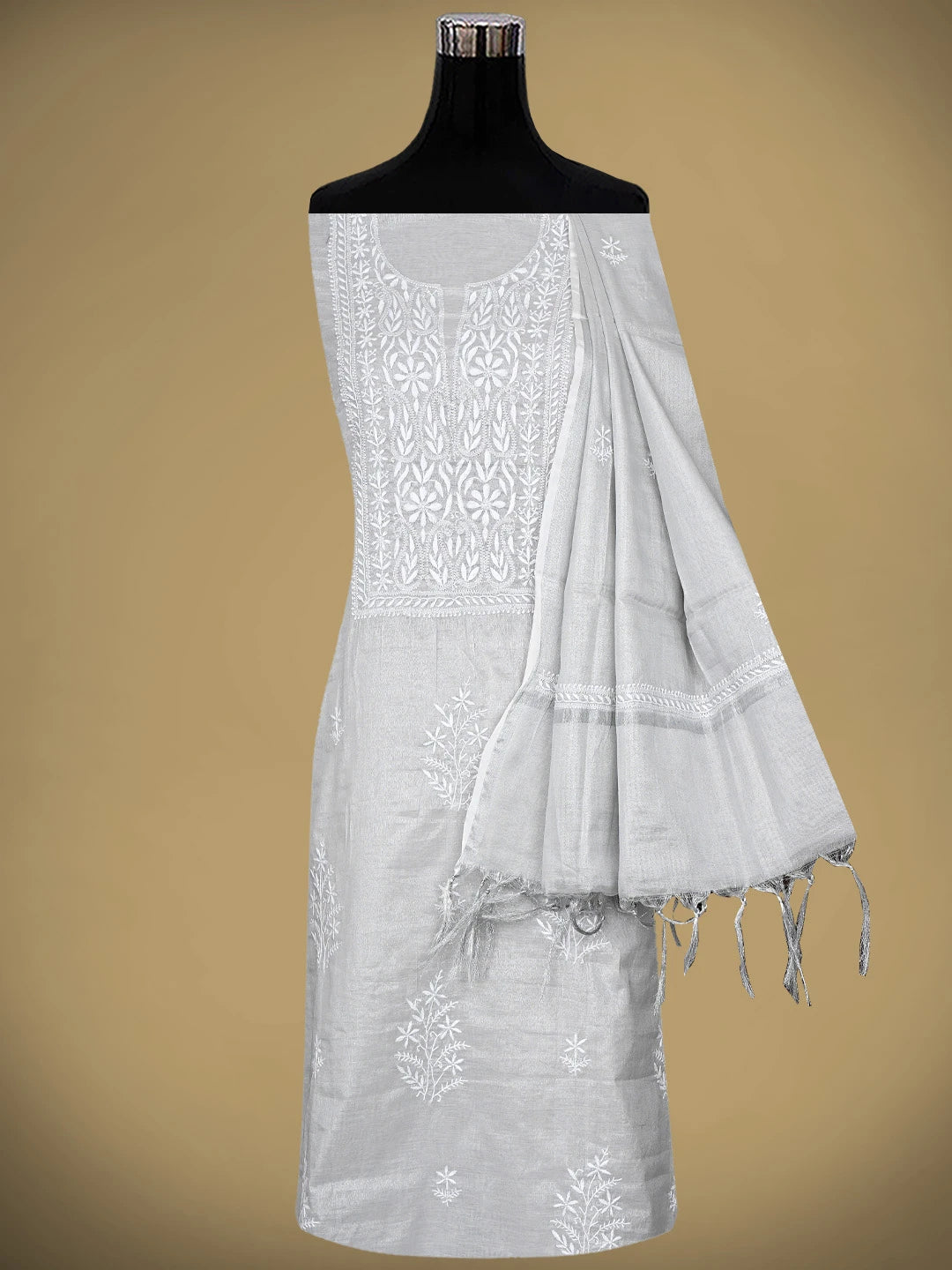 Ada Hand Embroidered Grey Tissue Lucknowi Chikankari Unstitched Kurta Dupatta Set 01A901646