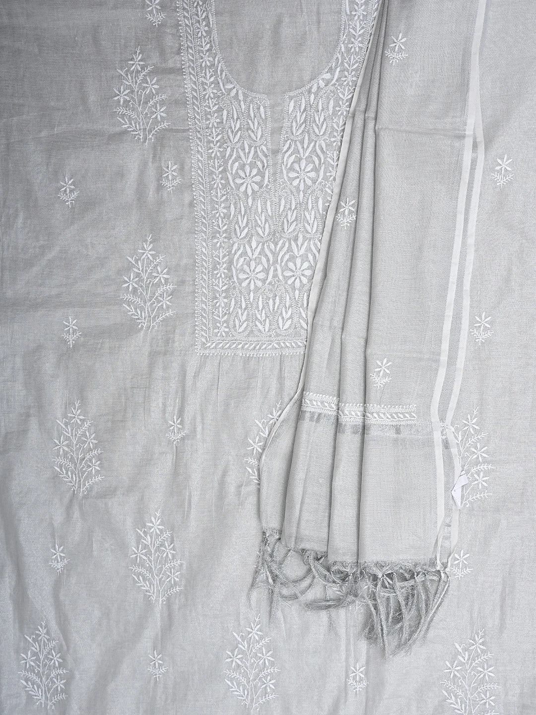 Ada Hand Embroidered Grey Tissue Lucknowi Chikankari Unstitched Kurta Dupatta Set 01A901646