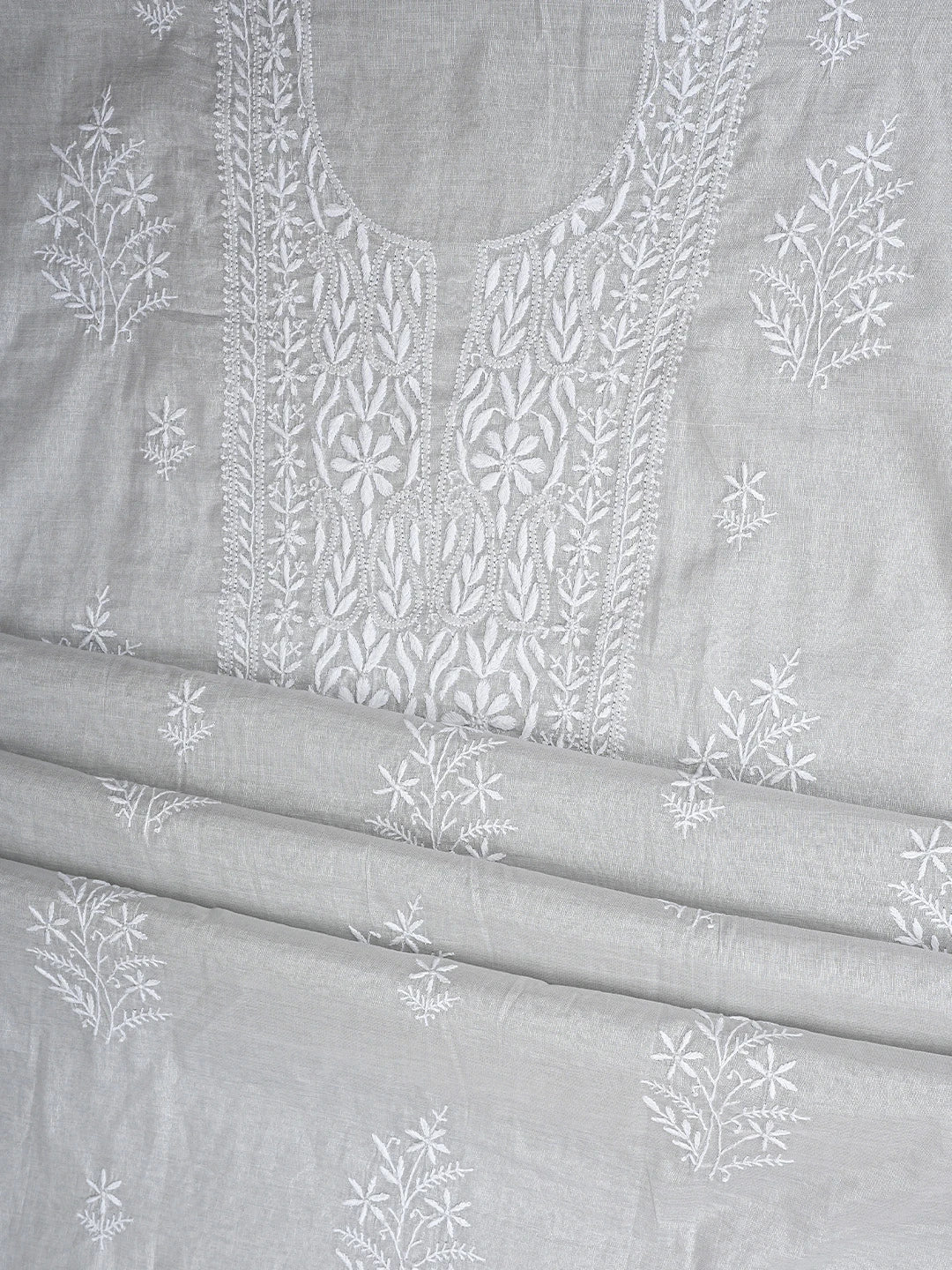 Ada Hand Embroidered Grey Tissue Lucknowi Chikankari Unstitched Kurta Dupatta Set 01A901646