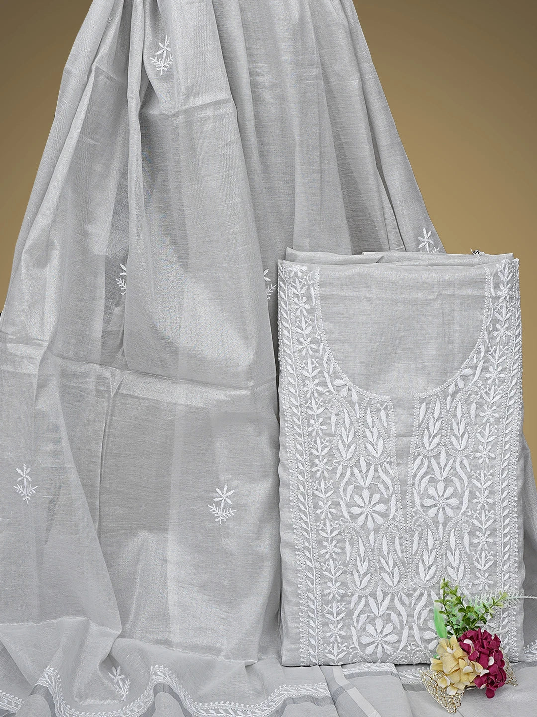 Ada Hand Embroidered Grey Tissue Lucknowi Chikankari Unstitched Kurta Dupatta Set 01A901646