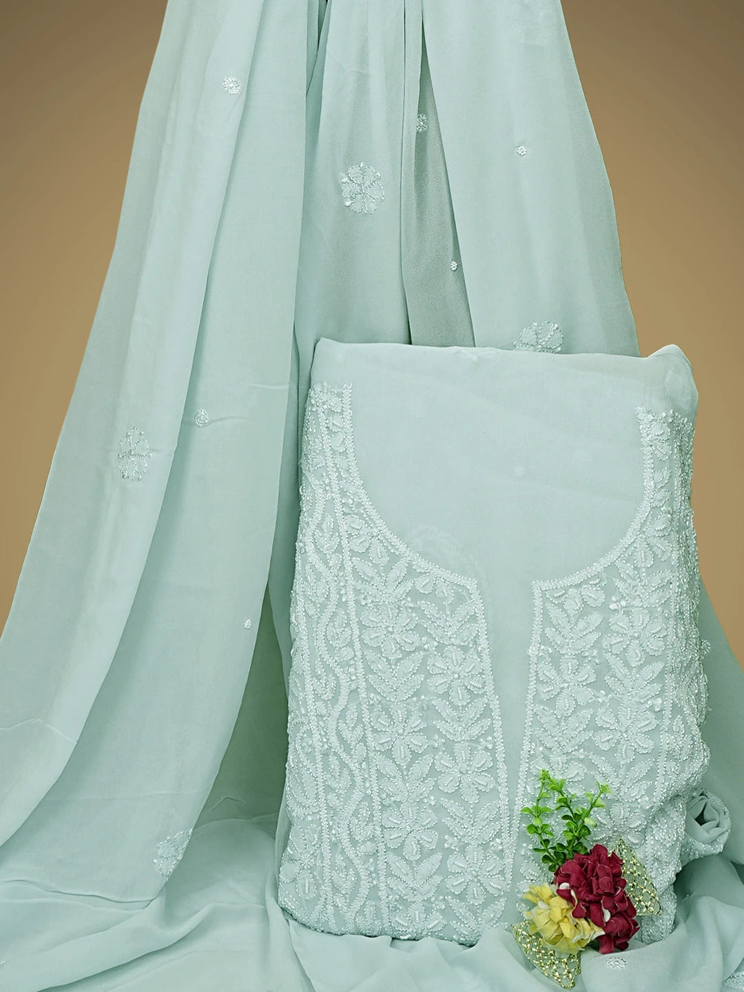 Ada Hand Embroidered light Blue Viscose Georgette Lucknowi Chikankari Unstitched Kurta Dupatta Set With Cutdana Work 01A944855