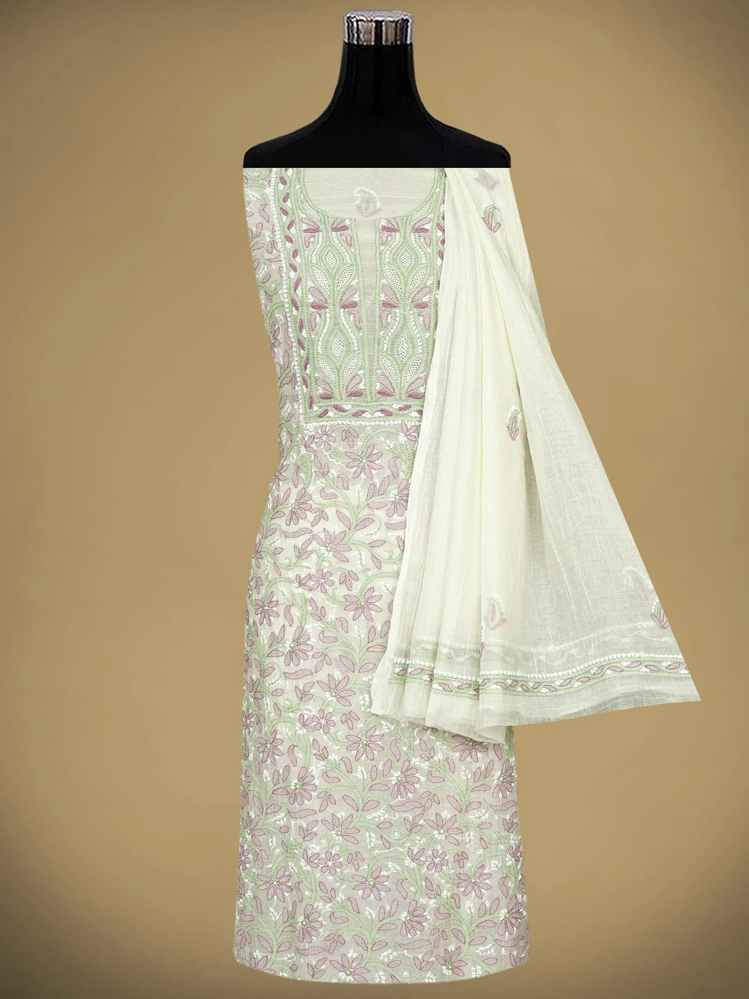 Ada Hand Embroidered White Chanderi Lucknowi Chikankari Unstitched Kurta Dupatta Set 01A944339