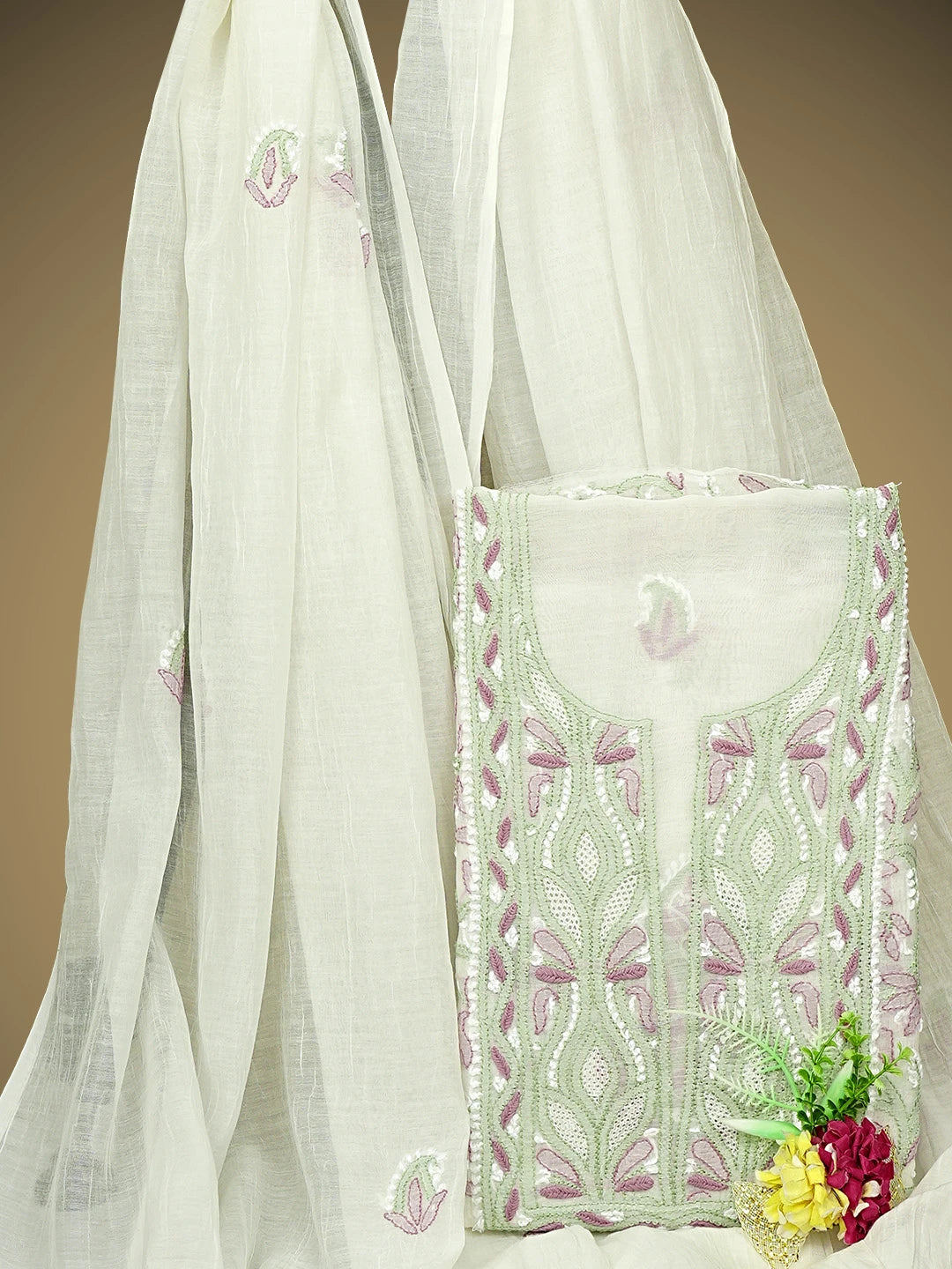 Ada Hand Embroidered White Chanderi Lucknowi Chikankari Unstitched Kurta Dupatta Set 01A944339