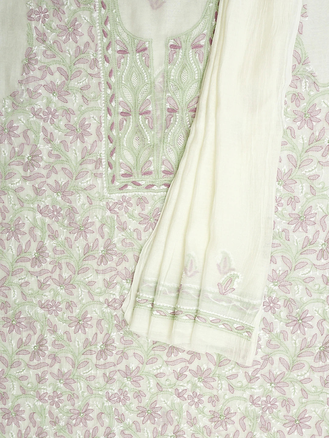 Ada Hand Embroidered White Chanderi Lucknowi Chikankari Unstitched Kurta Dupatta Set 01A944339