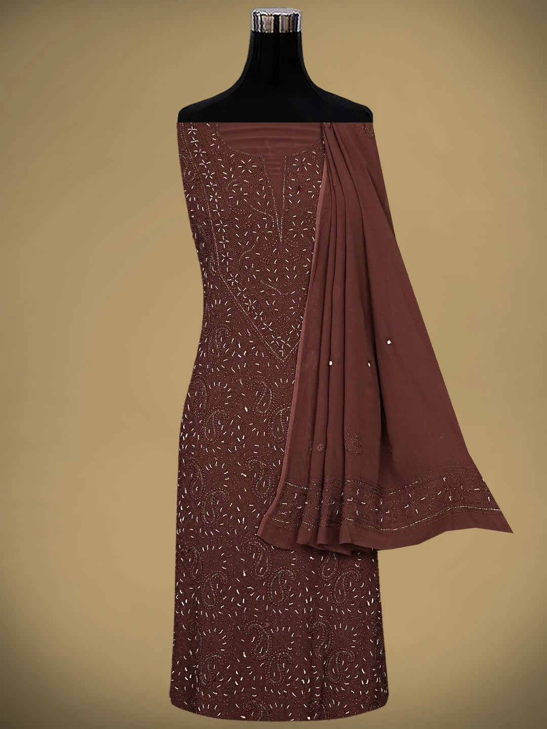 Ada Hand Embroidered Brown Viscose Georgette Lucknowi Chikankari Unstitched Kurta Dupatta Set With Cutdana Work 01A933580