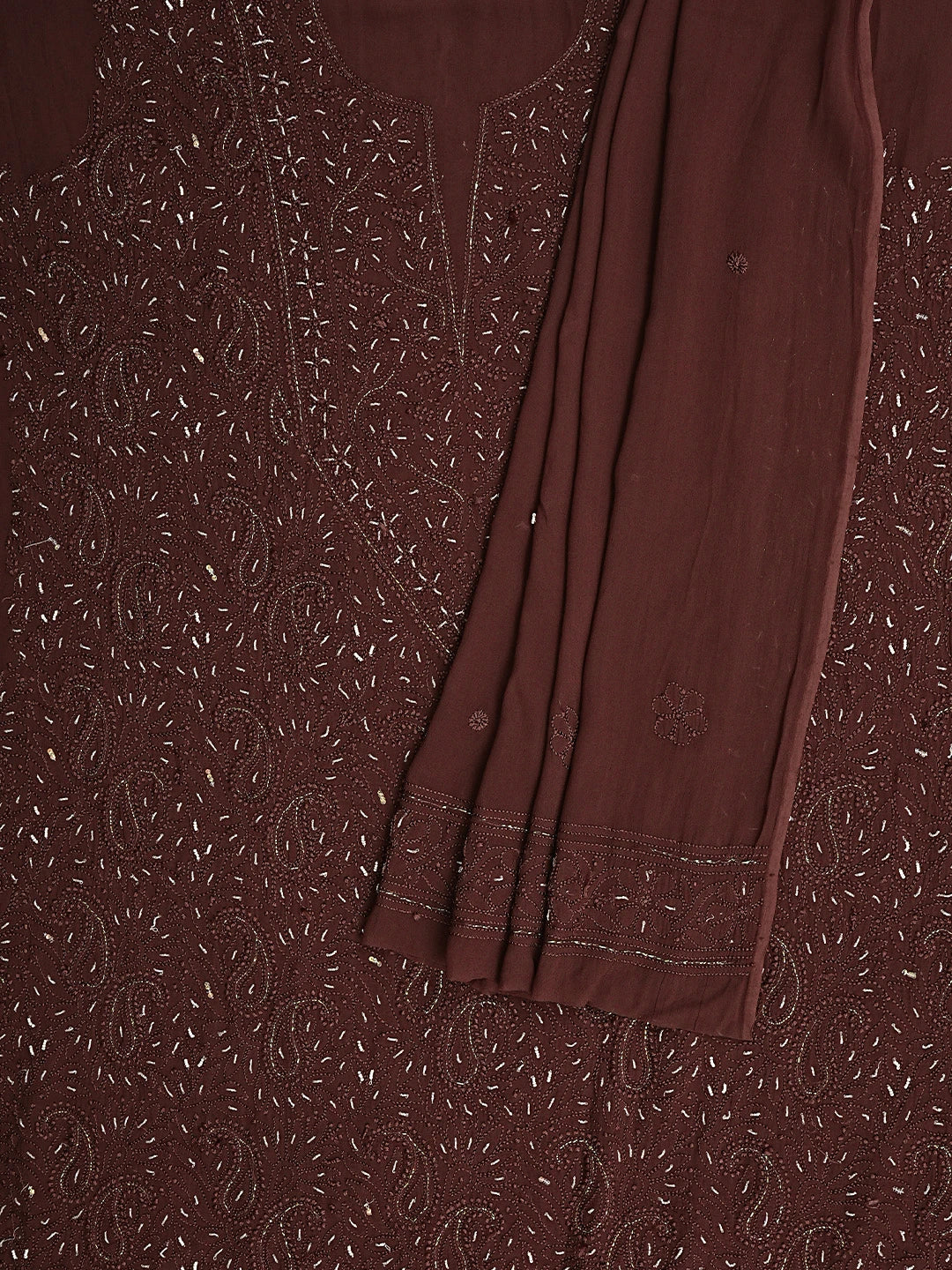 Ada Hand Embroidered Brown Viscose Georgette Lucknowi Chikankari Unstitched Kurta Dupatta Set With Cutdana Work 01A933580