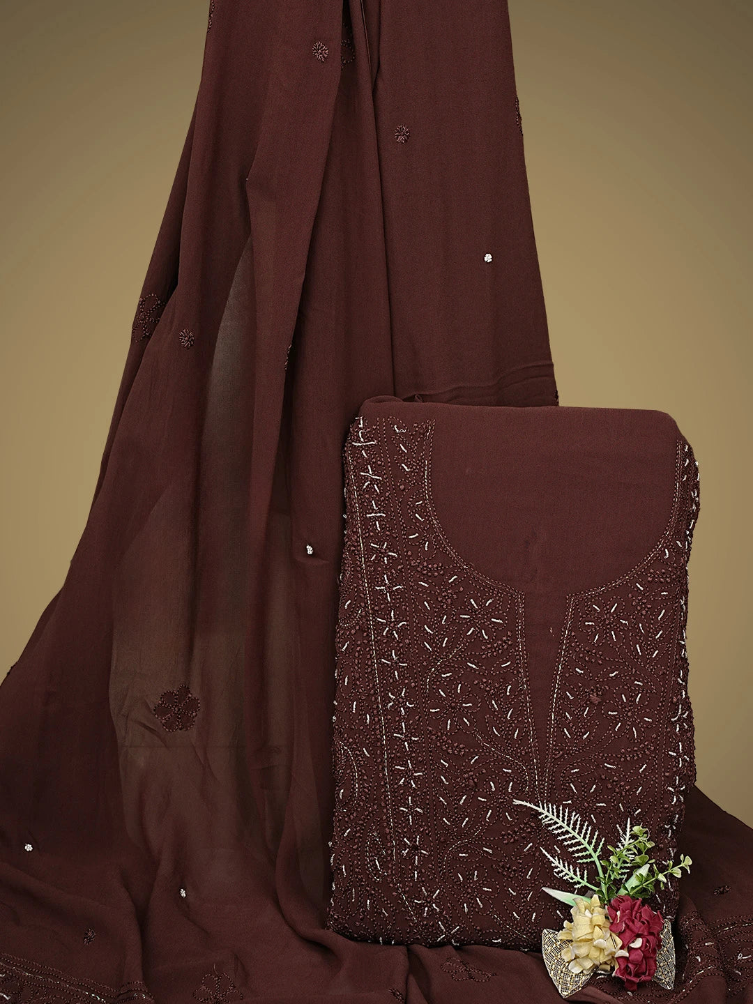 Ada Hand Embroidered Brown Viscose Georgette Lucknowi Chikankari Unstitched Kurta Dupatta Set With Cutdana Work 01A933580