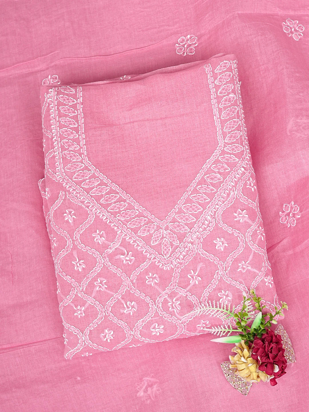 Ada Hand Embroidered Dark Pink Cotton Lucknowi Chikankari Unstitched Suit Piece 01A854946
