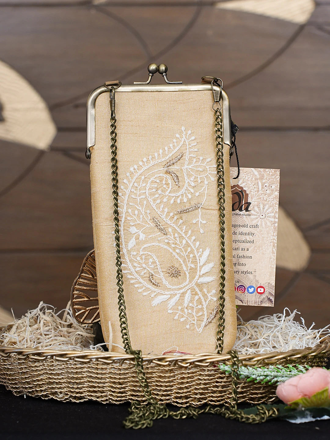 Ada Hand Embroidered Fawn Silk Lucknowi Chikankari Mobile Cover With Zari Work 01A939276