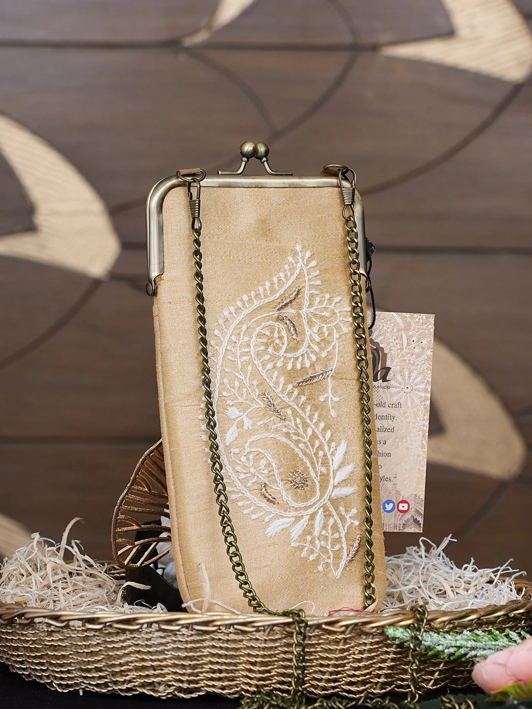 Ada Hand Embroidered Fawn Silk Lucknowi Chikankari Mobile Cover With Zari Work 01A939276