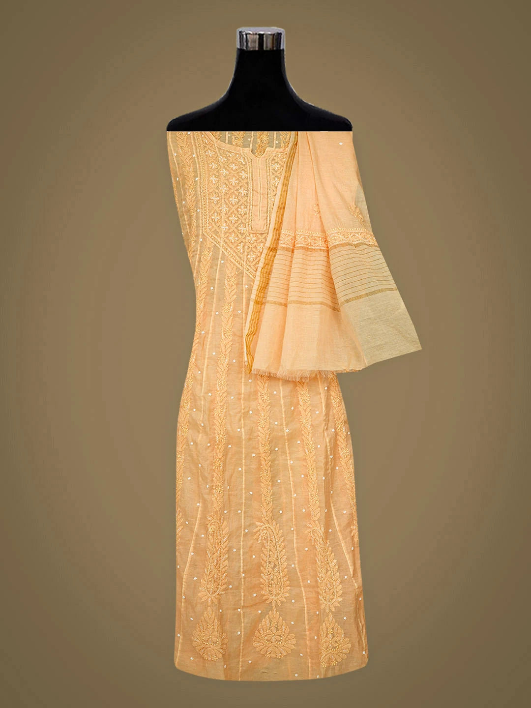 Ada Hand Embroidered Melon Chanderi Lucknowi Chikankari Semi-Stitched Anarkali Kurta Dupatta Set With Pearl Work 01A939606