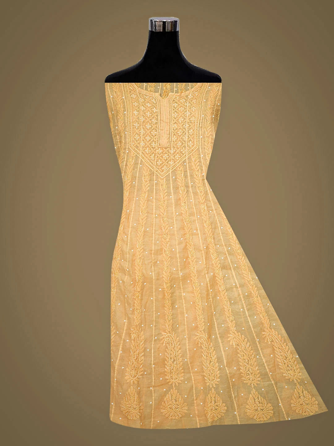 Ada Hand Embroidered Melon Chanderi Lucknowi Chikankari Semi-Stitched Anarkali Kurta Dupatta Set With Pearl Work 01A939606