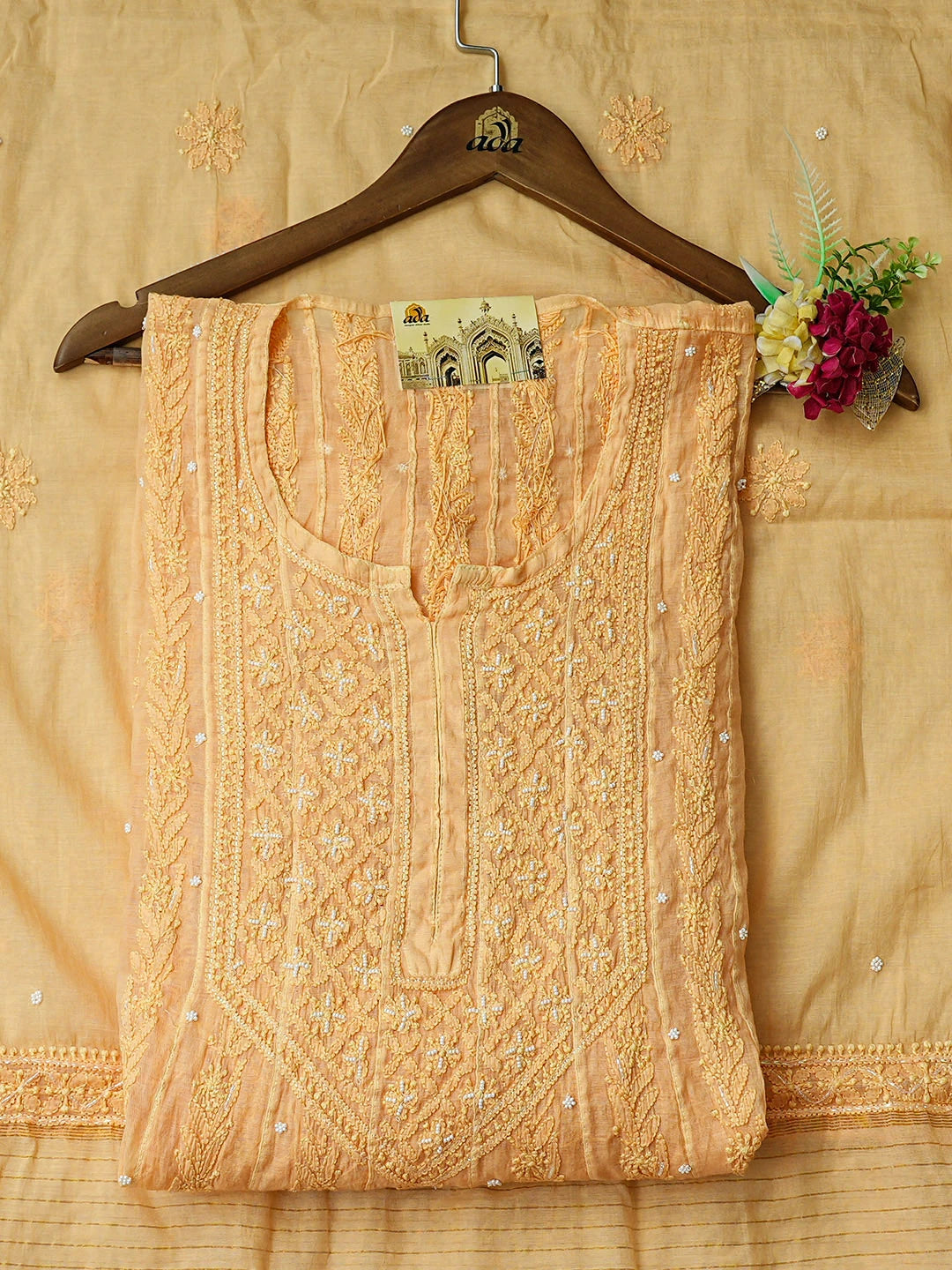 Ada Hand Embroidered Melon Chanderi Lucknowi Chikankari Semi-Stitched Anarkali Kurta Dupatta Set With Pearl Work 01A939606