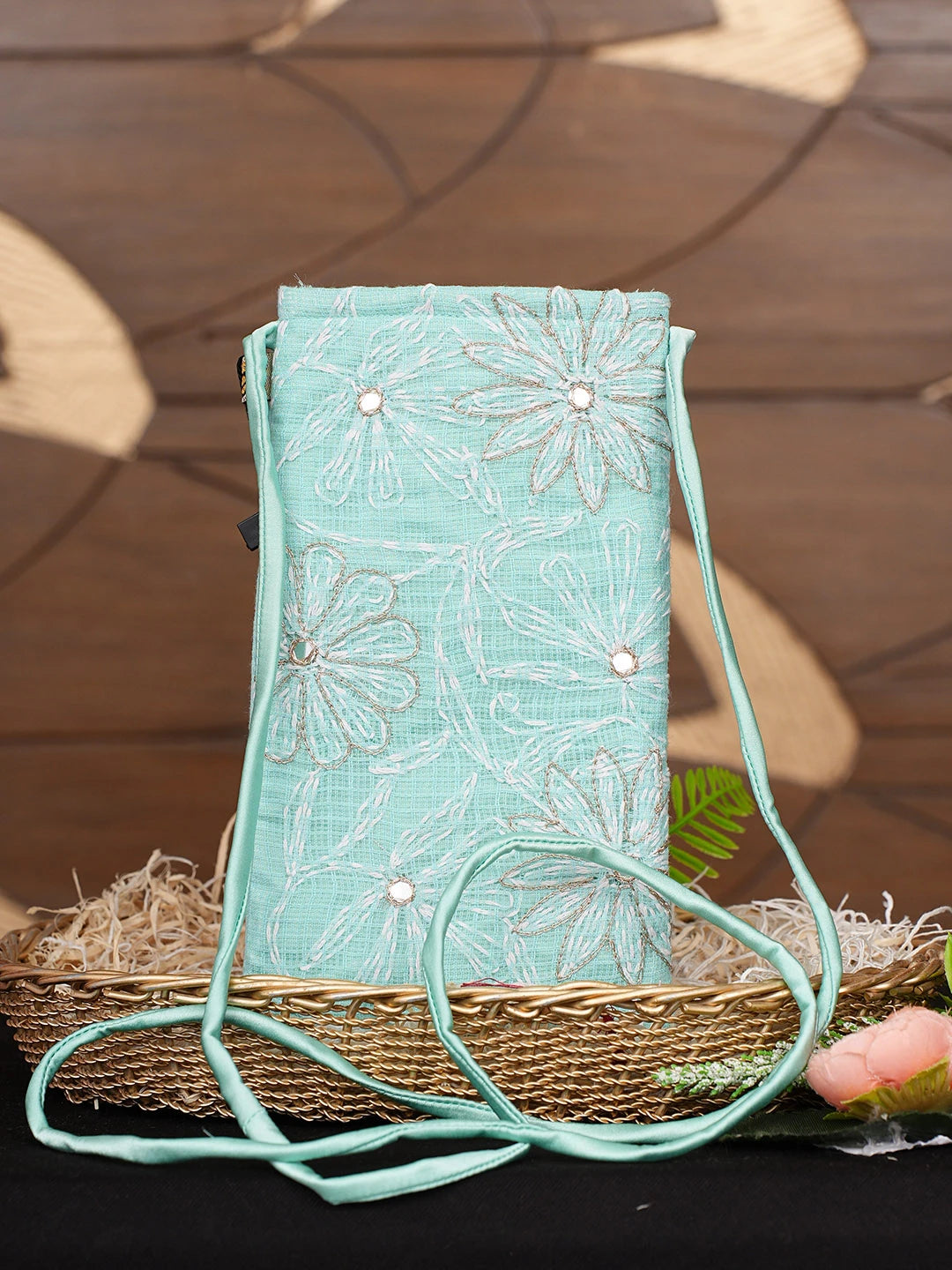 Ada Hand Embroidered Sea Green Kota Lucknowi Chikankari Mobile Cover With Zari Work 01A936954