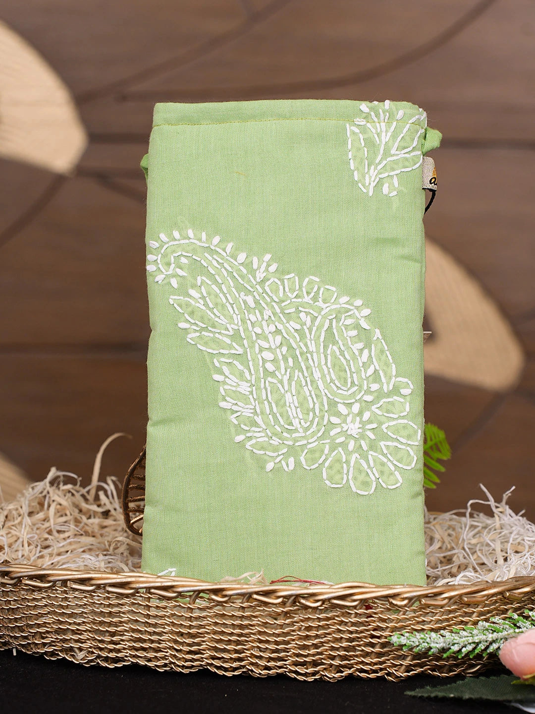 Ada Hand Embroidered Green Cotton Lucknowi Chikankari Mobile Cover 01A936979
