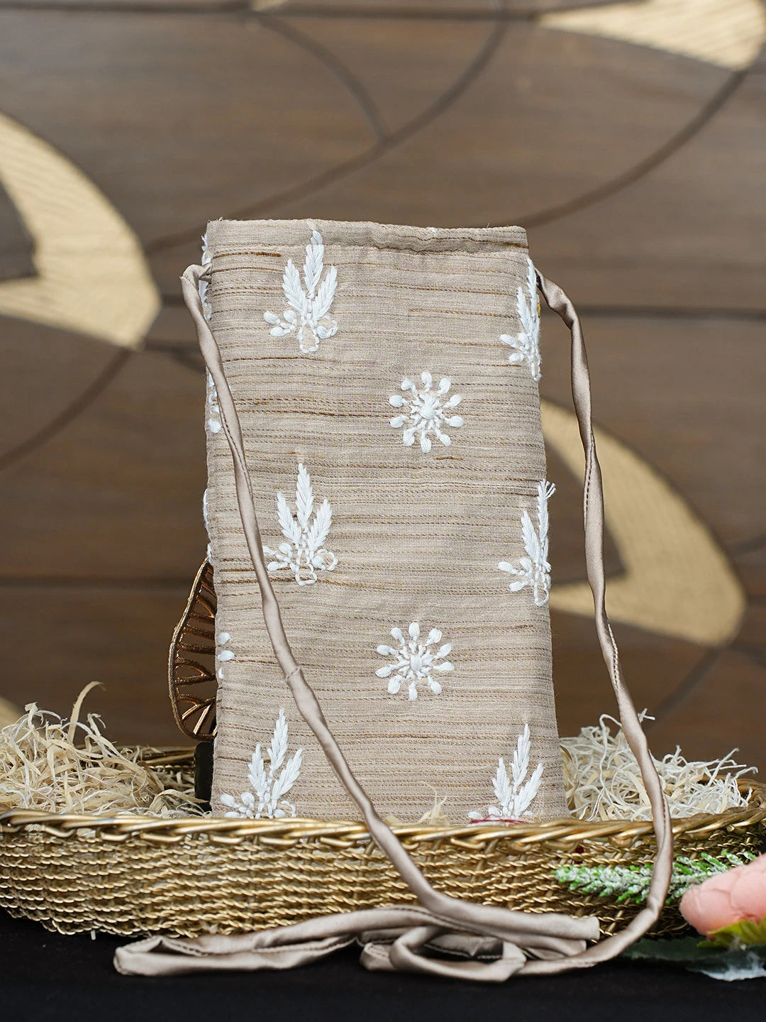 Ada Hand Embroidered Fawn Chanderi Lucknowi Chikankari Mobile Cover 01A895504