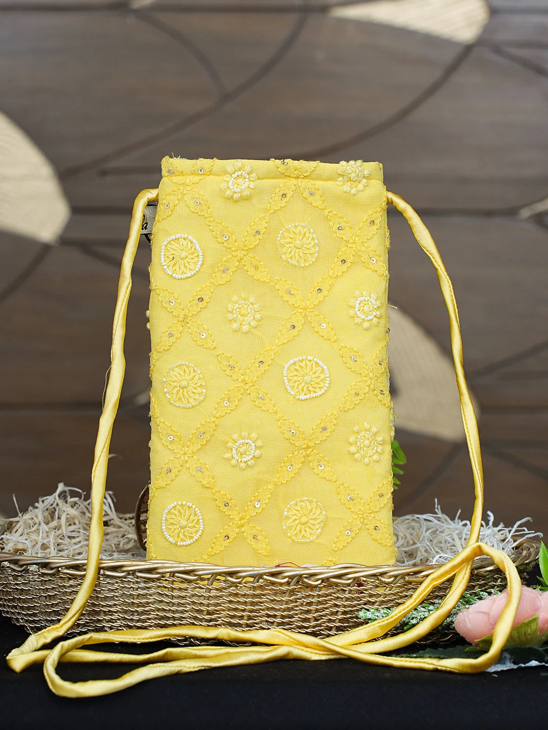 Ada Hand Embroidered Yellow Viscose Georgette Lucknowi Chikankari Mobile Cover With Cutdana Work 01A917594