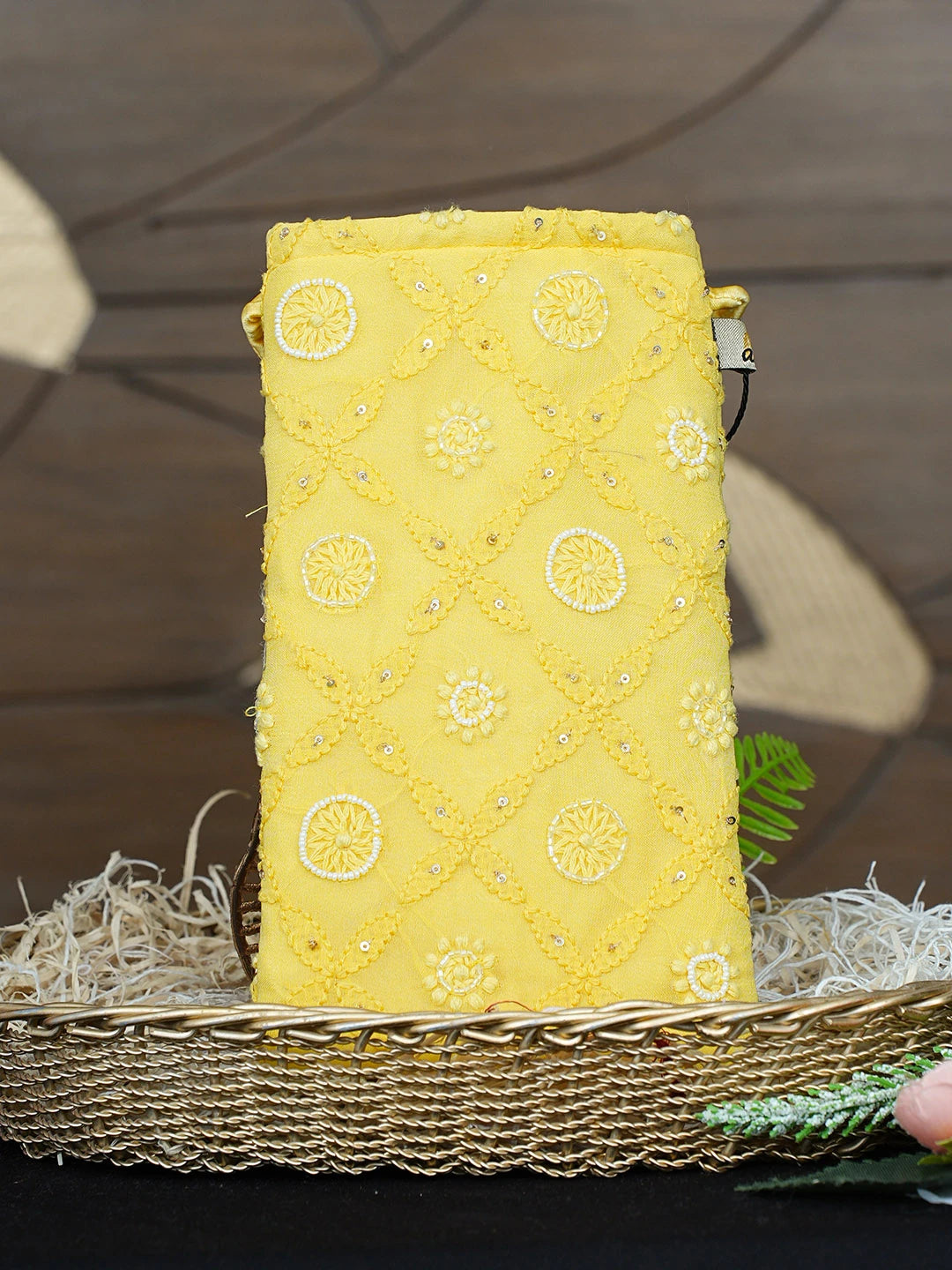 Ada Hand Embroidered Yellow Viscose Georgette Lucknowi Chikankari Mobile Cover With Cutdana Work 01A917594