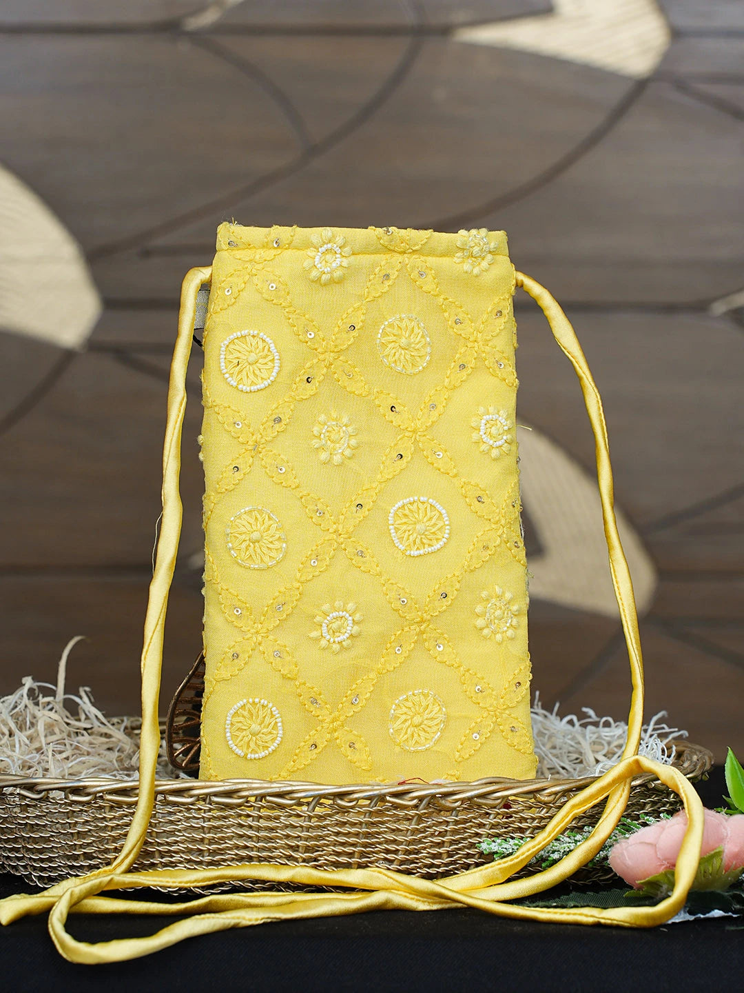 Ada Hand Embroidered Yellow Viscose Georgette Lucknowi Chikankari Mobile Cover With Cutdana Work 01A917594