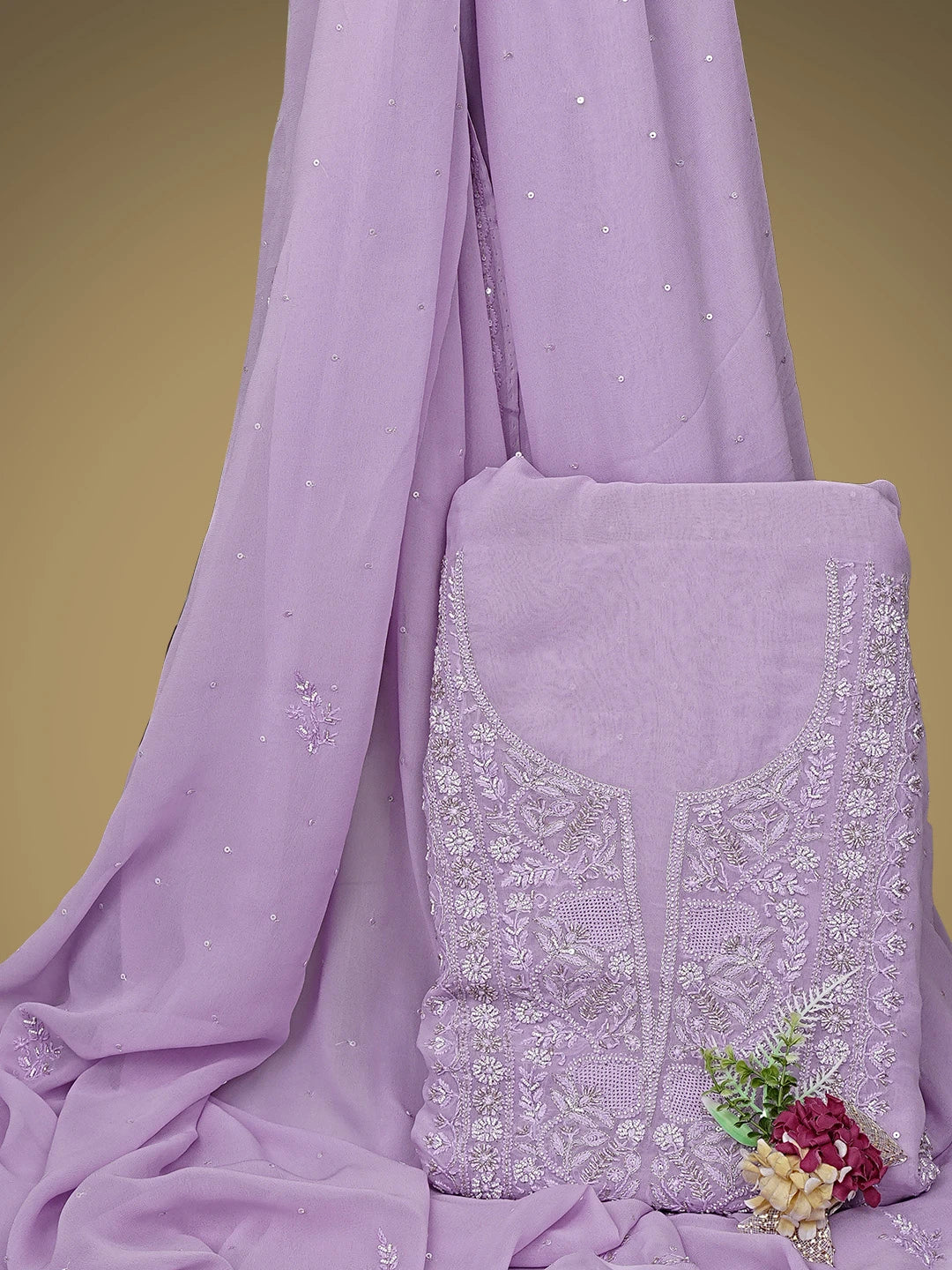 Ada Hand Embroidered Mauve Viscose Georgette Lucknowi Chikankari Unstitched Kurta Dupatta Set With Cutdana Work 01A810410