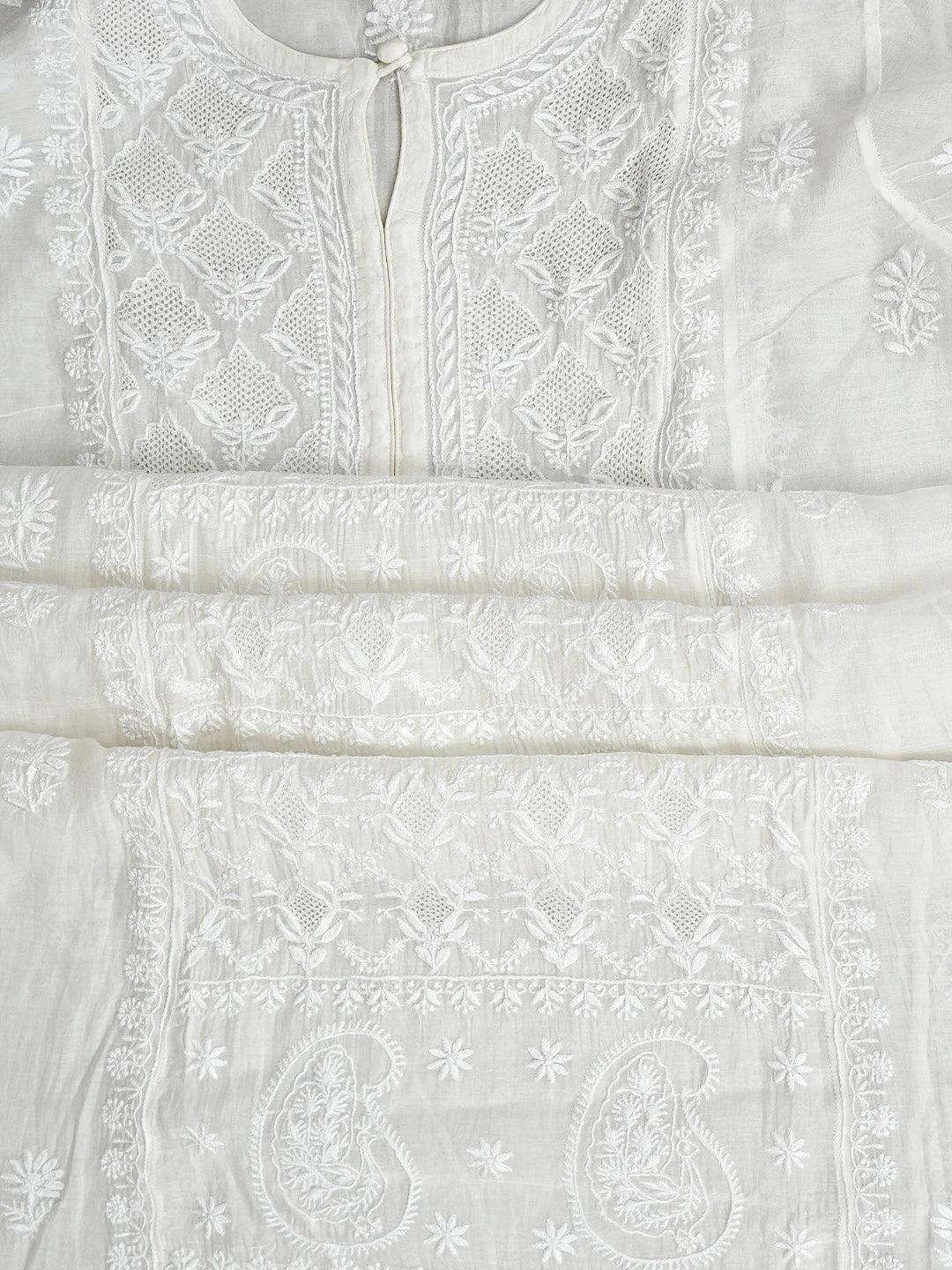 Ada Hand Embroidered White Seashell Chanderi Lucknowi Chikankari Semi-Stitched Kurta Piece 01A883059